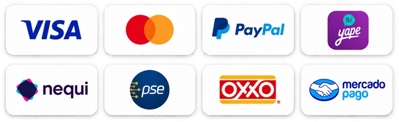 Medios de pago: Visa, Mastercard, PayPal, Yape, Nequi, PSE, OXXO, Mercado Pago