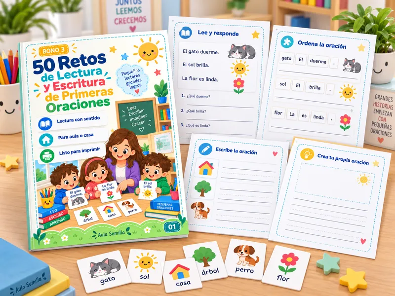 Tarjetas de retos de lectura numeradas con dibujos y espacio para escribir la respuesta