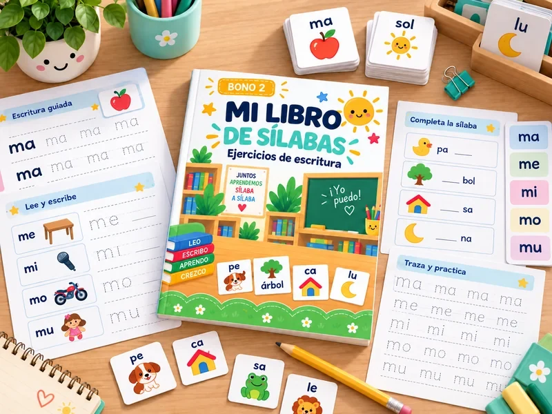 Fichas de escritura guiada con renglones y sílabas punteadas junto a un lápiz