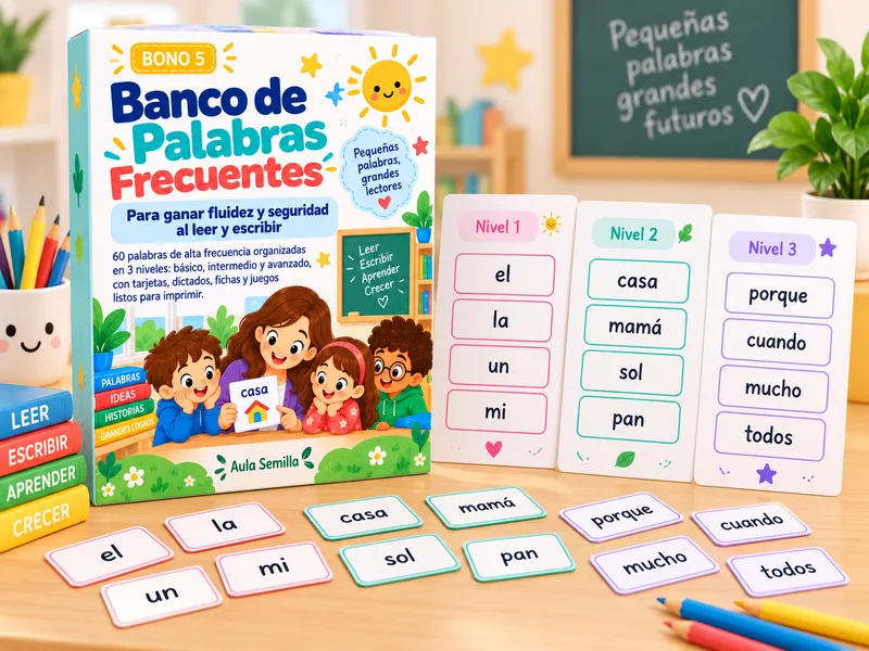 Hojas imprimibles con 60 palabras frecuentes en español repartidas en tres niveles de color