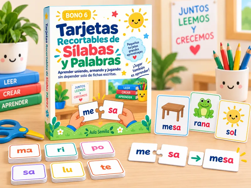 Tarjetas recortables de sílabas sobre una mesa mientras unas manos infantiles forman palabras