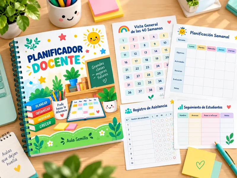 Plantillas imprimibles de planificación docente sobre un portapapeles con bolígrafo y notas adhesivas